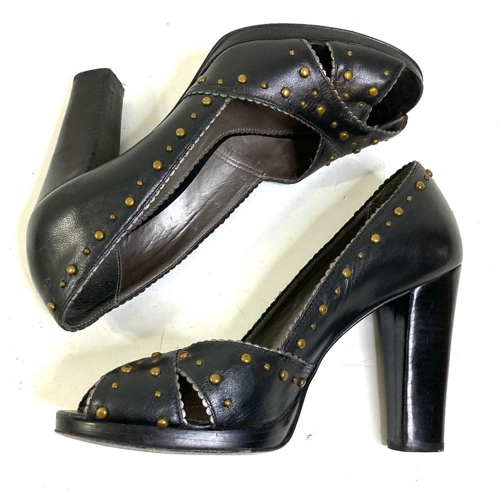 Tufi Duek leather studded heels peep toe black